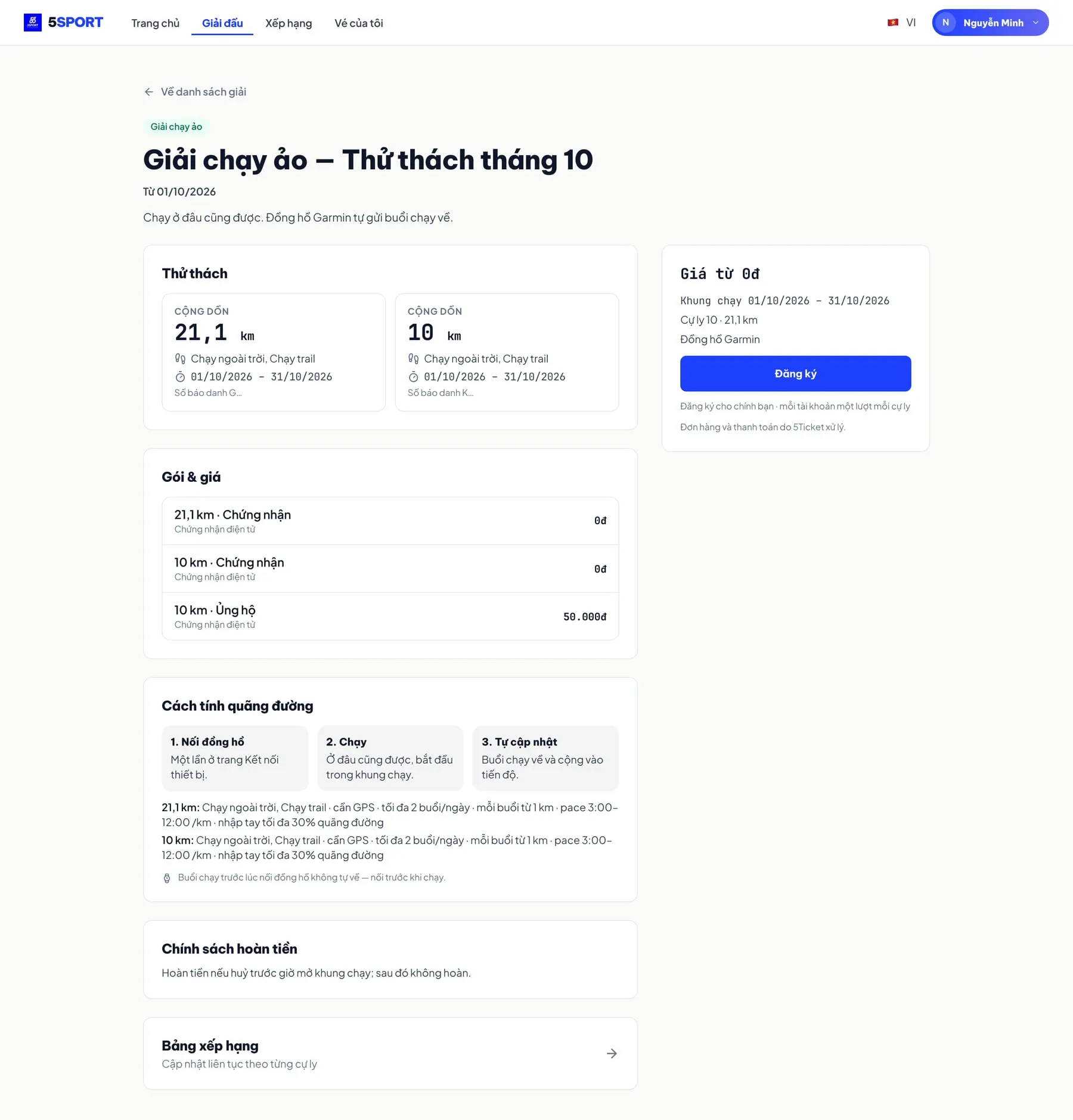 Virtual race page: challenge, packages and prices