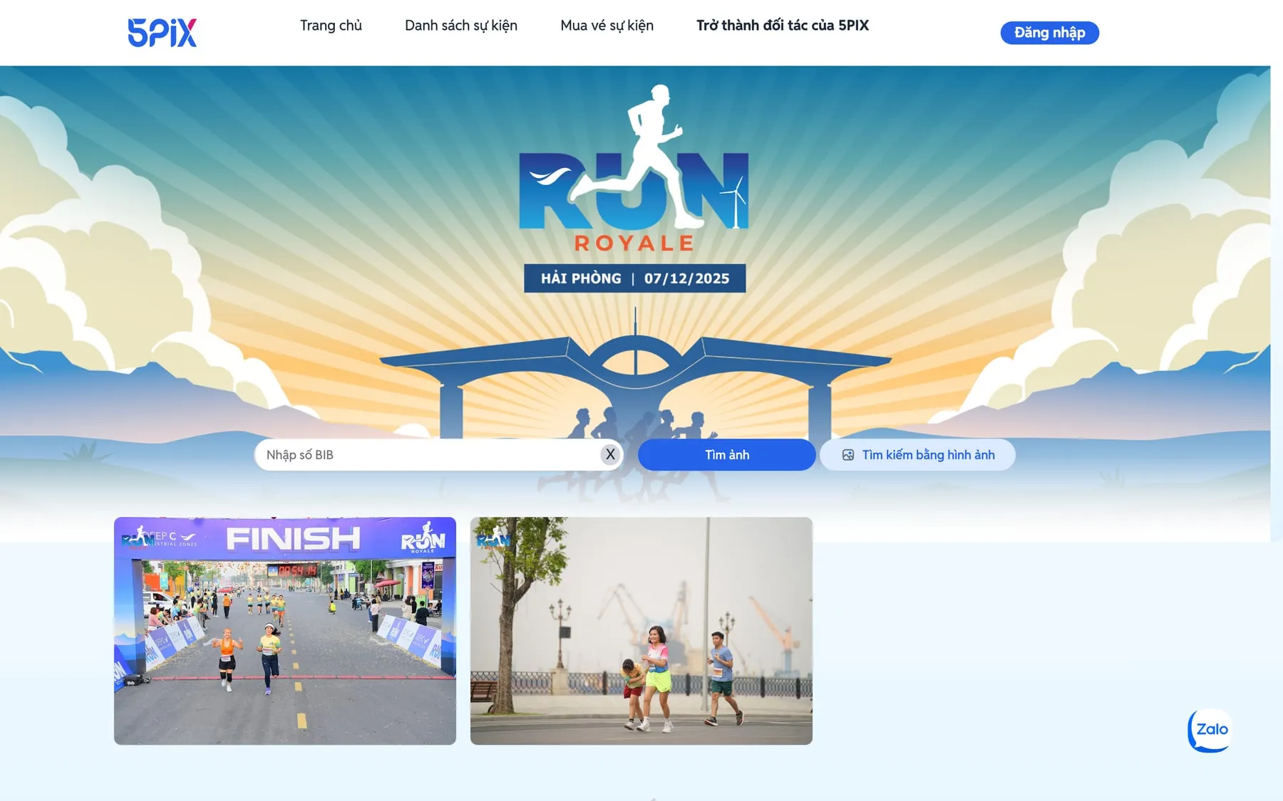 A race album on 5PIX: bib number field, search by photo button, search results